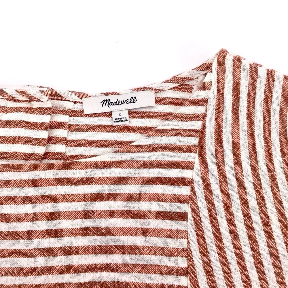 Madewell G5305 Rust White Stripe Play Button Back Linen Blend Dress Size Small - Picture 4 of 15